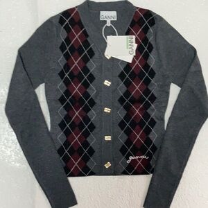 Ganni Gray and Burgundy Argyle Cardigan